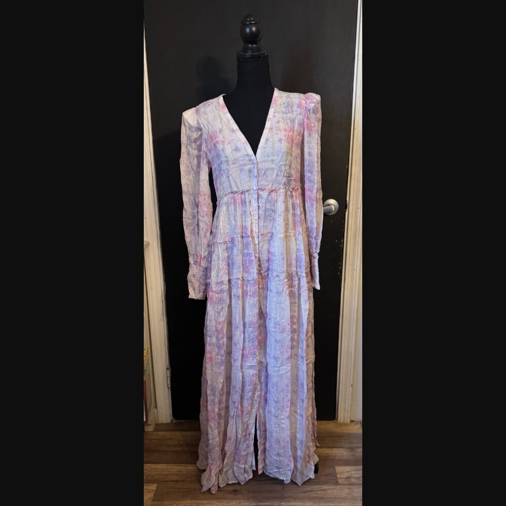 Rococco Sand Pink Lavender Sheer Metallic Dress XS NWT